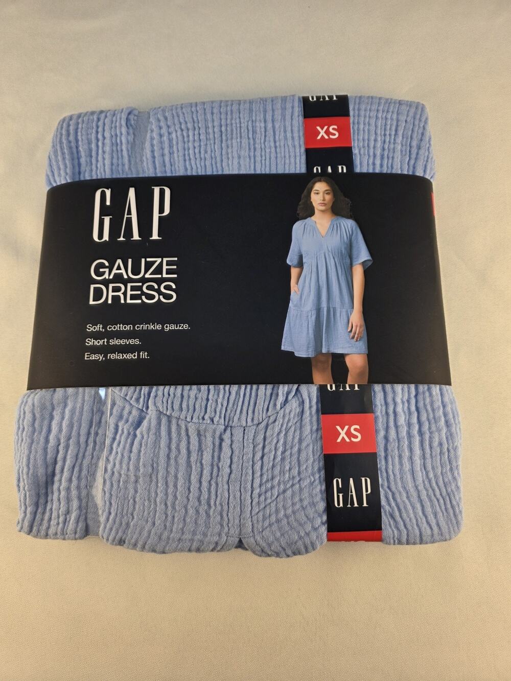 GAP Women's XS Blue Crinkle Gauze Dress Cotton NWT Soft Relaxed Fit Tiered Boho